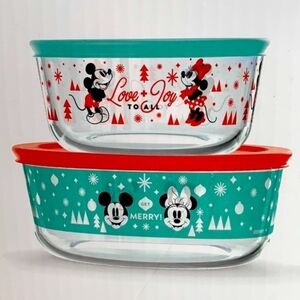 Disney Pyrex Glass Storage 2 Bowl Set with Christmas Red and Teal Lids Brand New